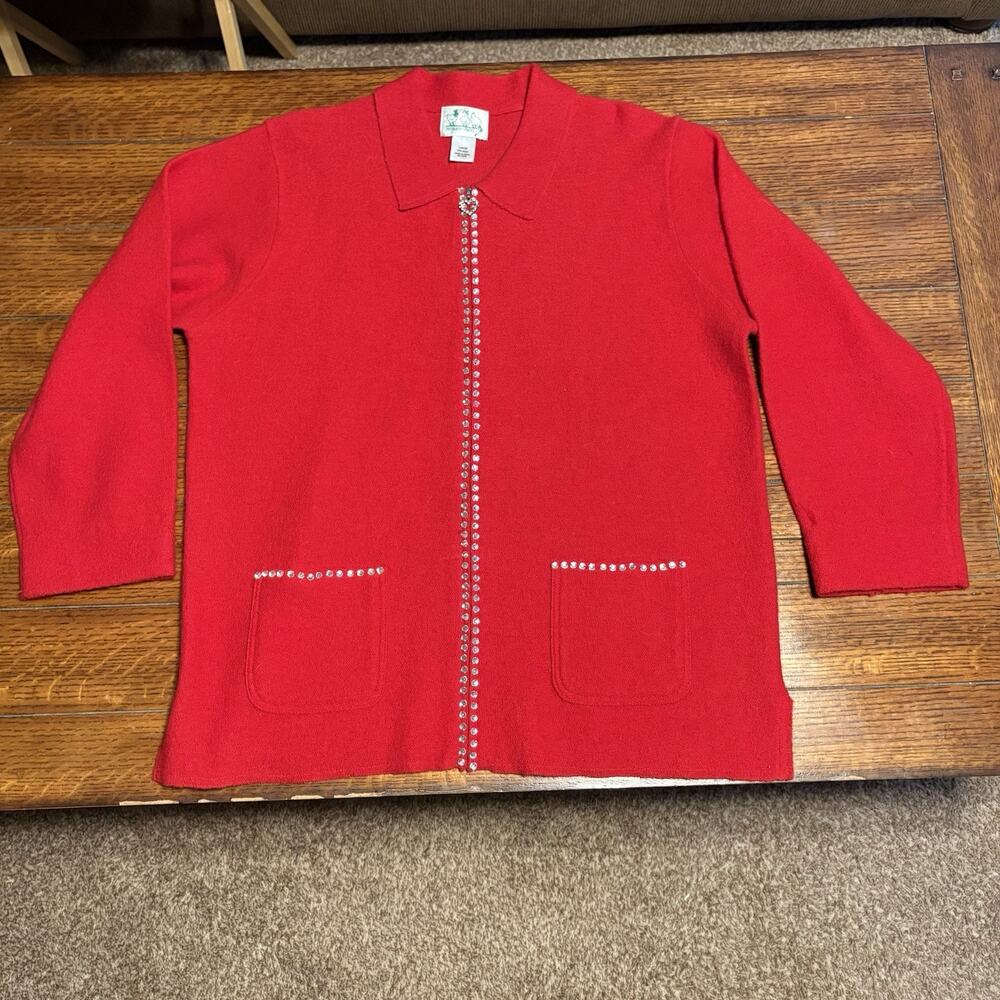 The Quacker Factory Cardigan Sweater Womens L Red Wool Rhinestone Heart Full Zip